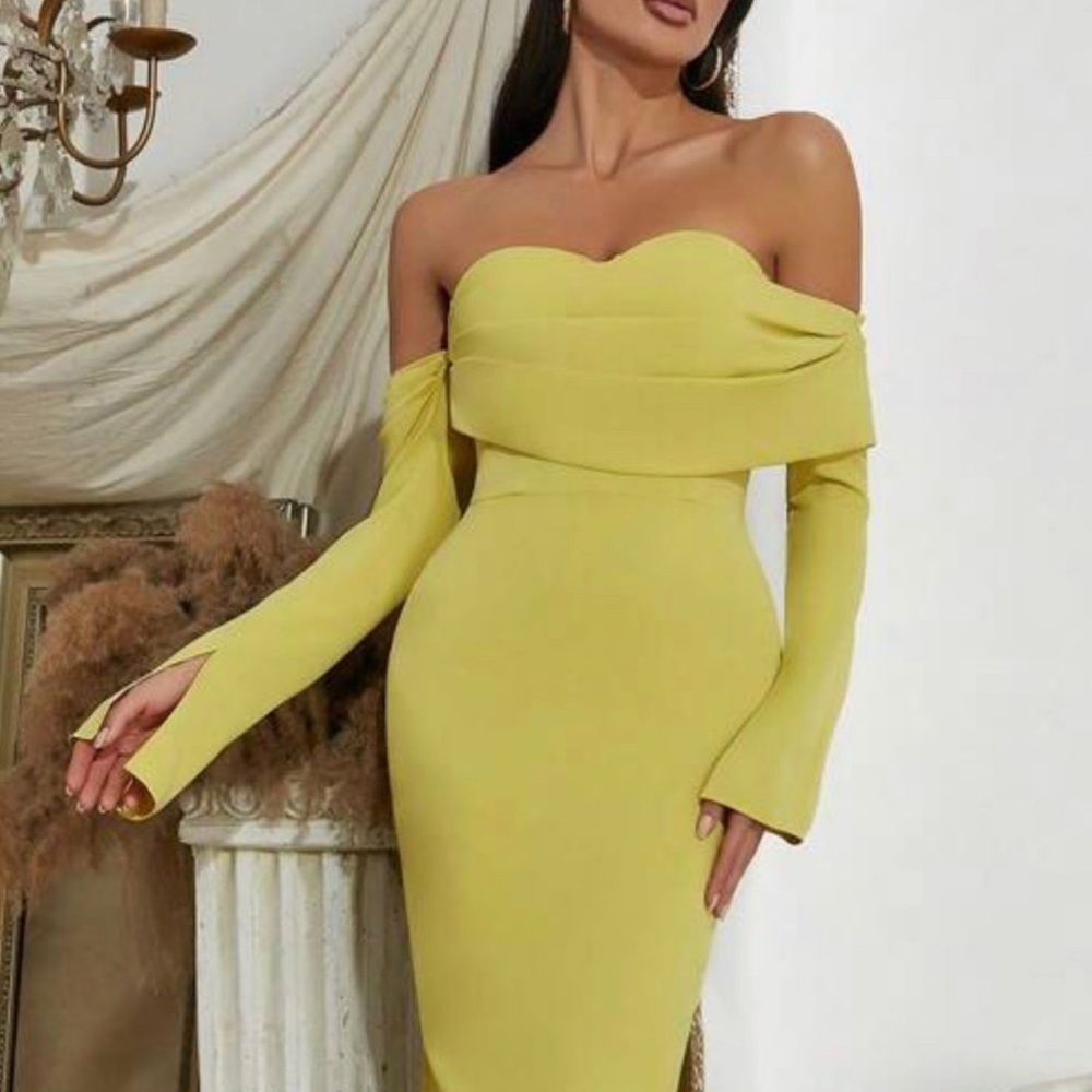 Light lime green yellow midi off shoulder
